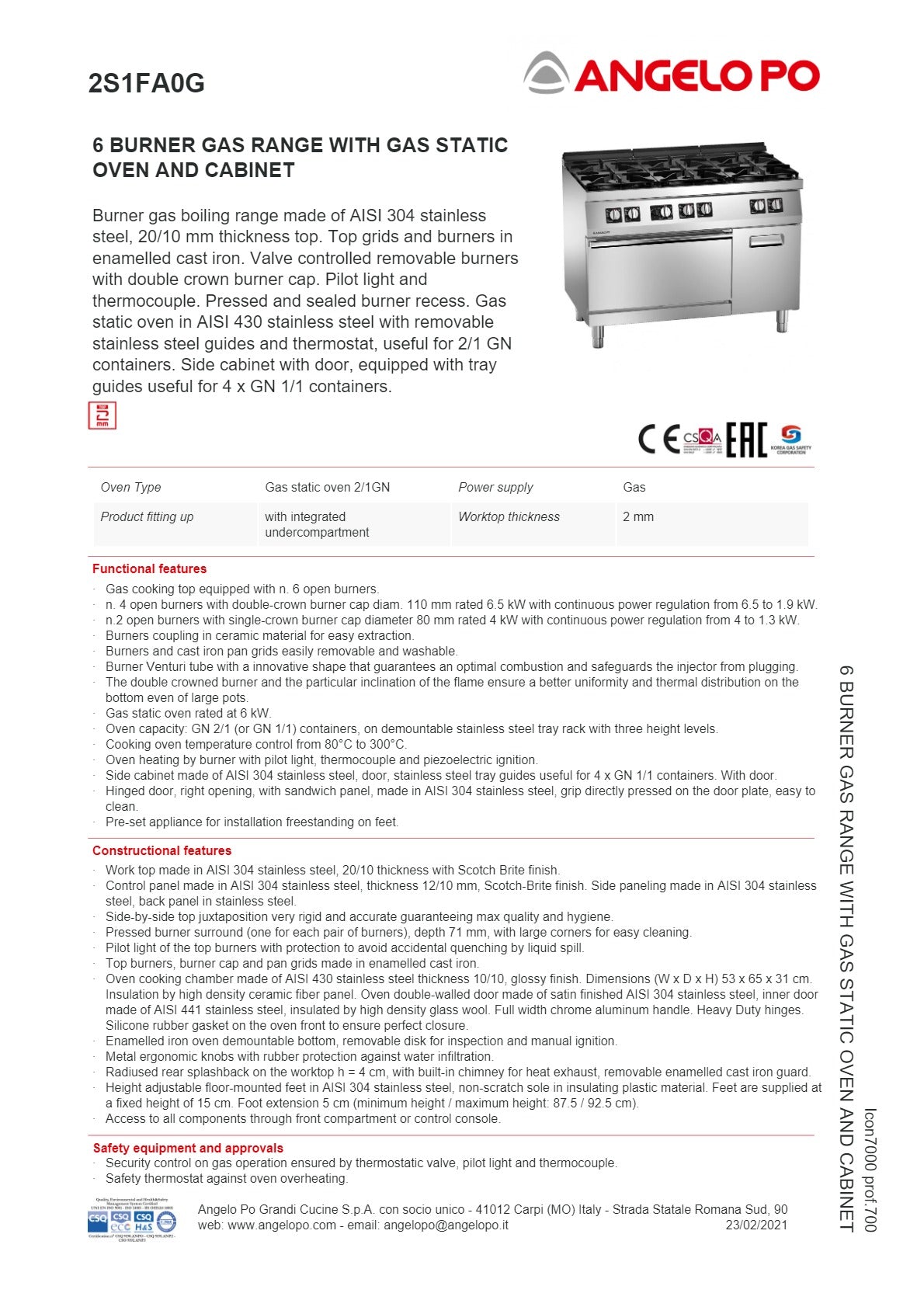 Angelo Po Icon7000 2S1FA0G - 6 Burner Range Oven