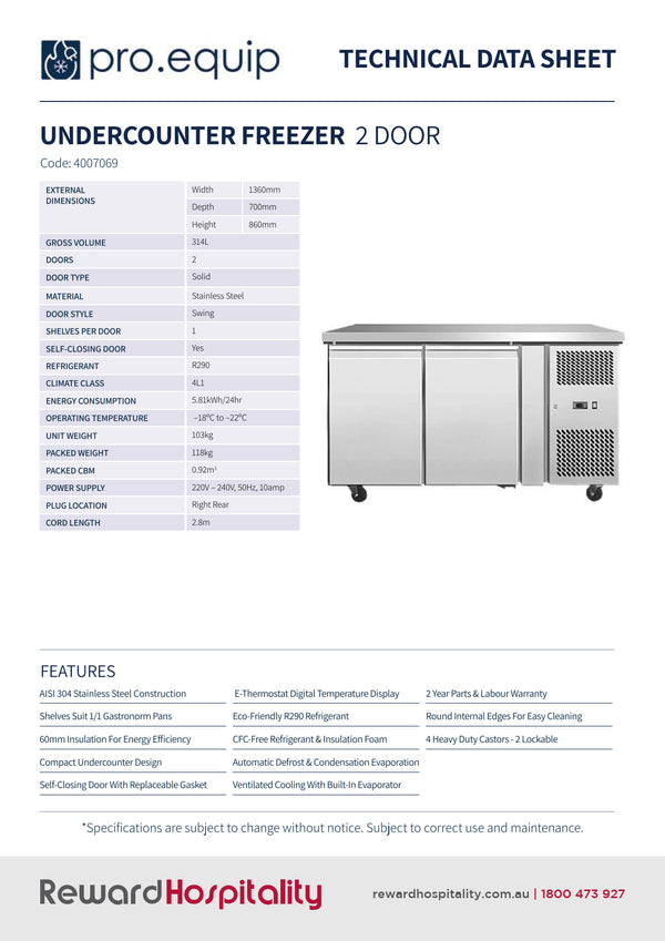 Pro.Equip 314LT - 2 Solid Door Undercounter Freezer