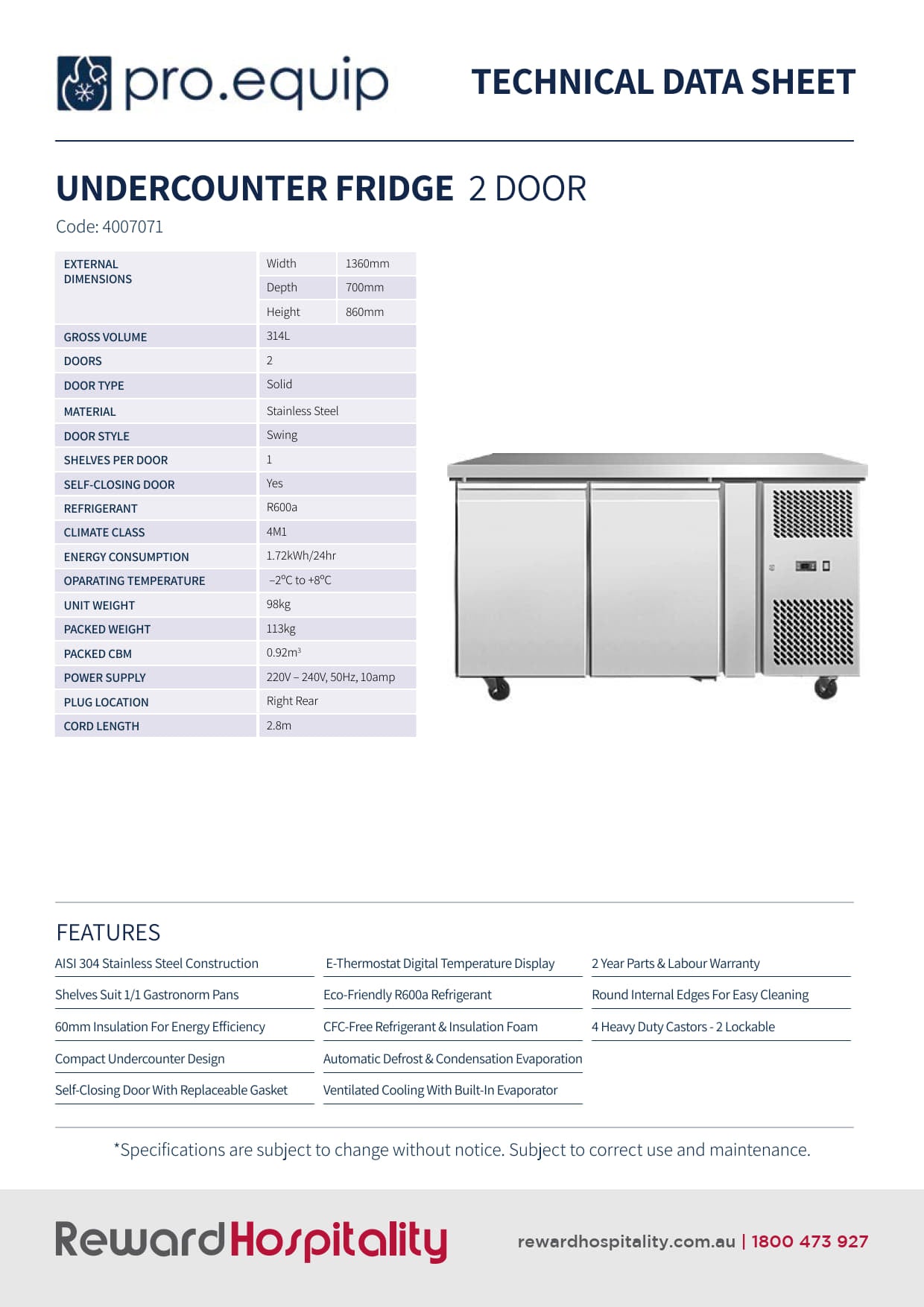 Pro.Equip 314LT - Solid Door Undercounter Fridge