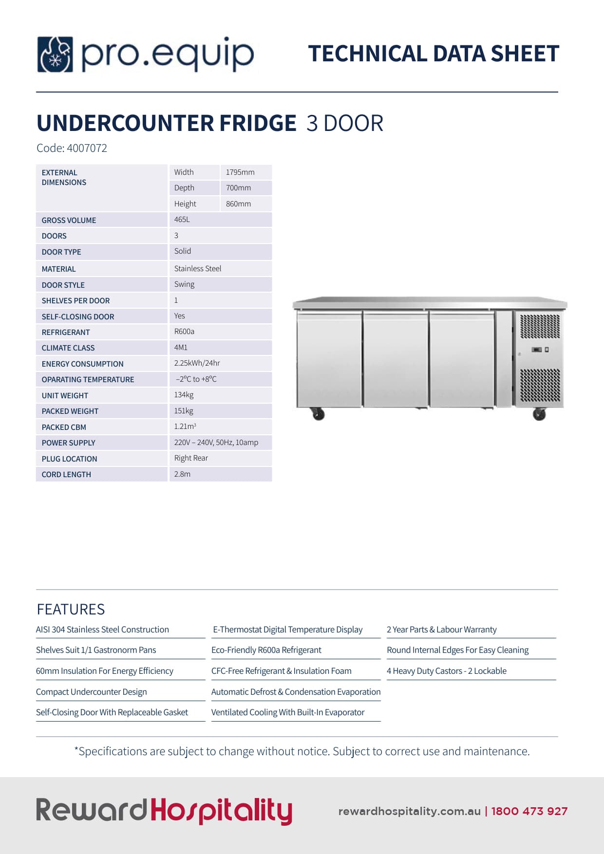 Pro.Equip 465LT - Solid Door Undercounter Fridge