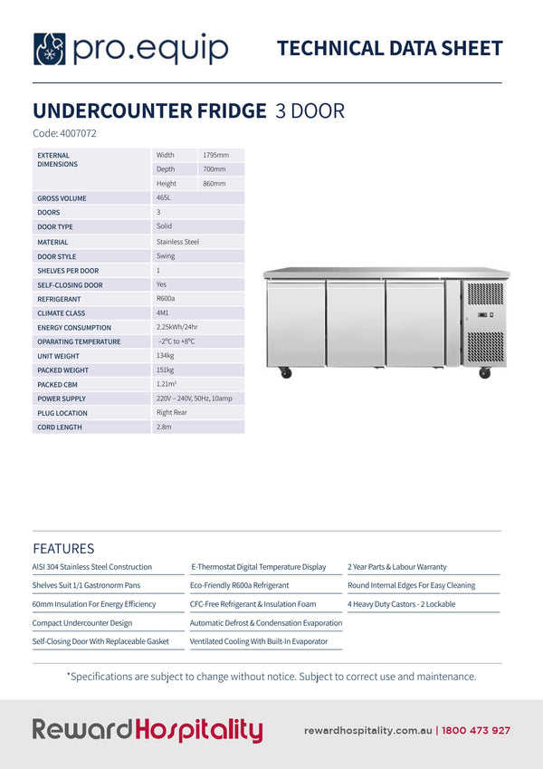 Pro.Equip 465LT - Solid Door Undercounter Fridge