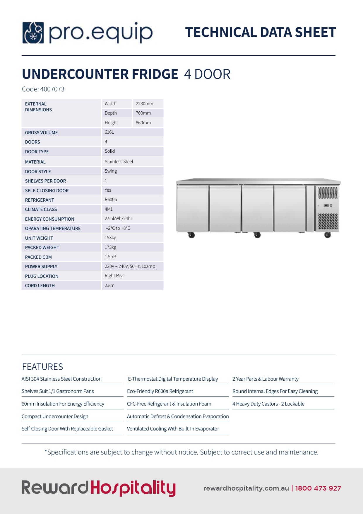 Pro.Equip 616LT - Solid Door Undercounter Fridge