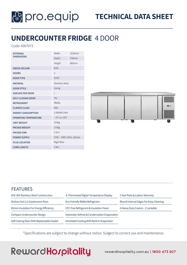 Pro.Equip 616LT - Solid Door Undercounter Fridge