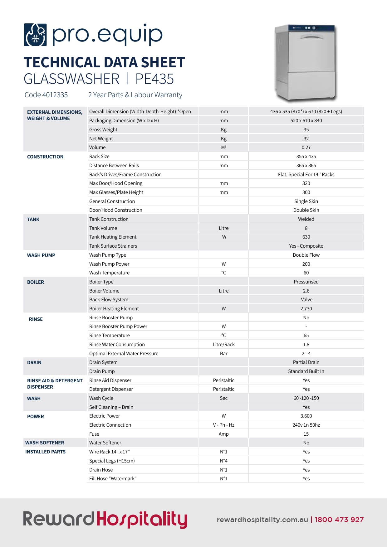 Pro.Equip PE435 - Undercounter Glasswasher