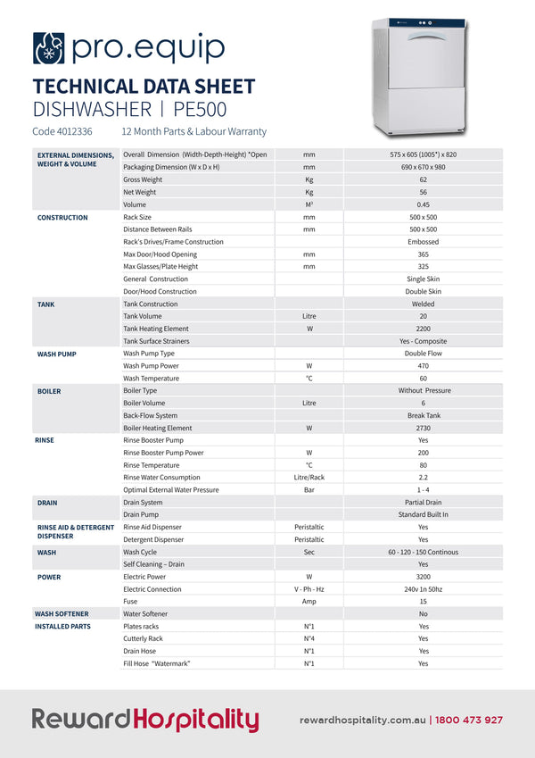 Pro.Equip PE500 - Undercounter Dishwasher