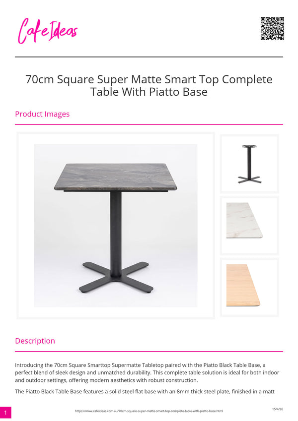 Square 70cm Super Matte Smart Top Complete Table with Piatto Base