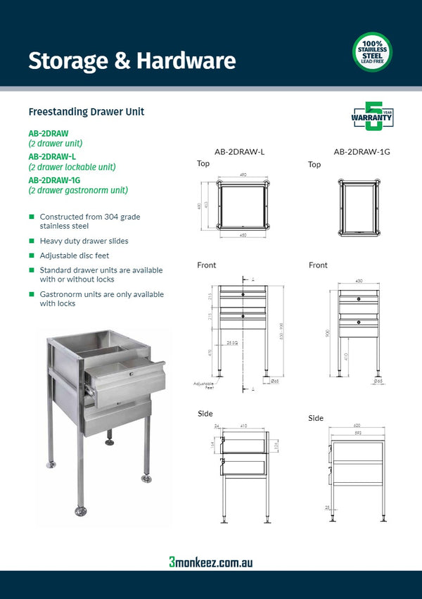 3Monkeez AB-2DRAW-L - Lockable Freestanding Stainless Steel Drawer Unit