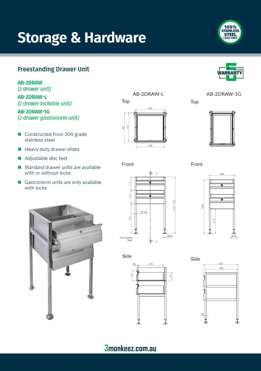 3Monkeez AB-2DRAW - Freestanding Stainless Steel Drawer Unit