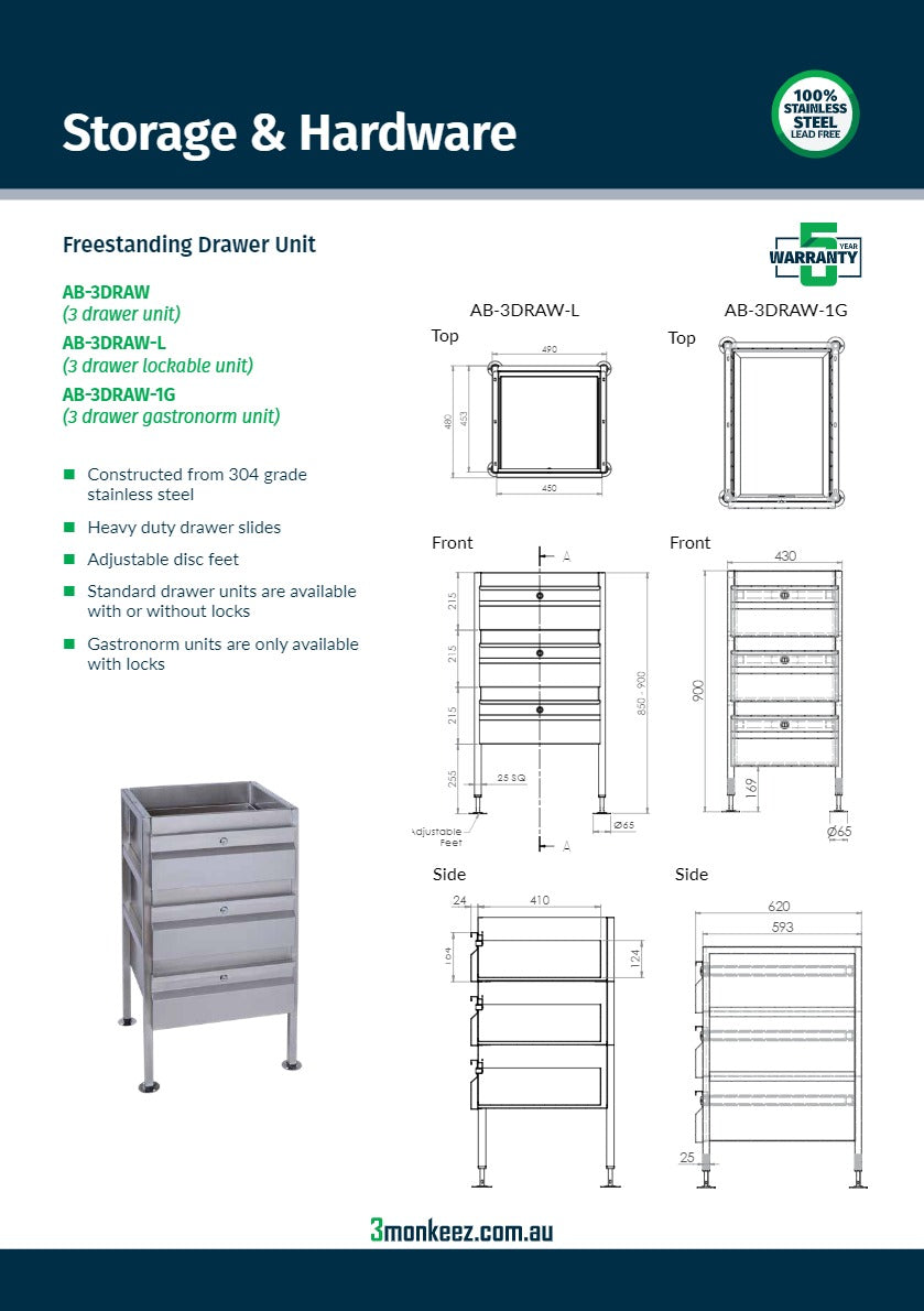 3Monkeez AB-3DRAW-L - Lockable Freestanding Stainless Steel Drawer Unit