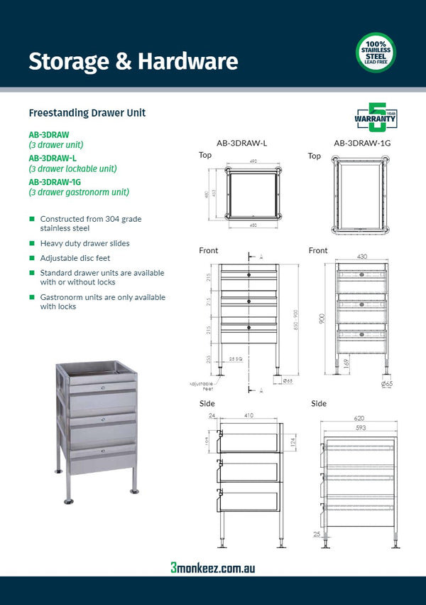 3Monkeez AB-3DRAW - Freestanding Stainless Steel Drawer Unit
