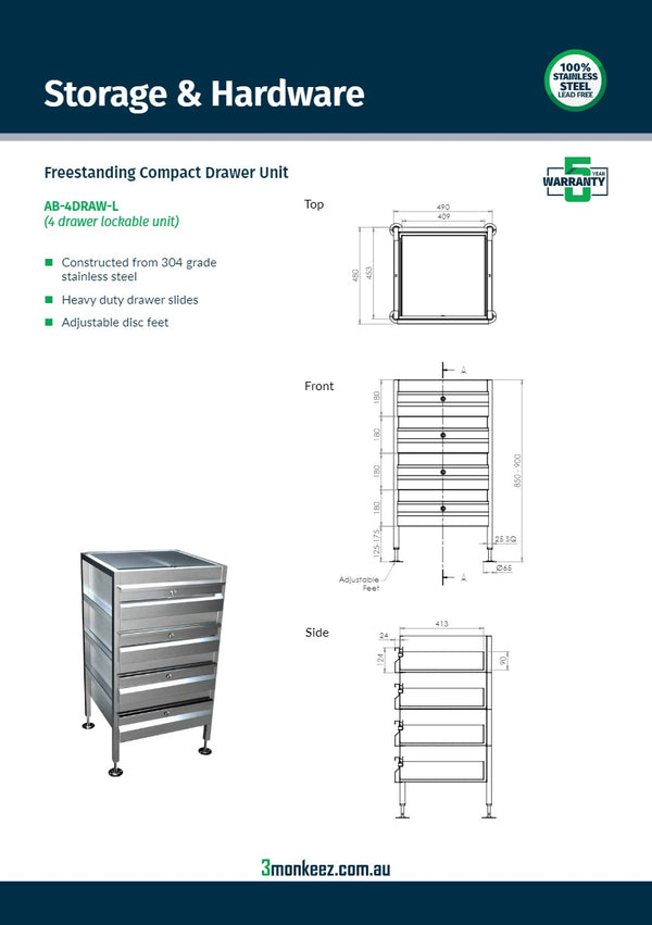 3Monkeez AB-4DRAW-L - Freestanding Four Drawer Unit