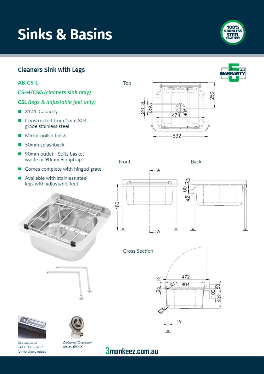 3Monkeez AB-CS-L - Cleaners Sink with Legs