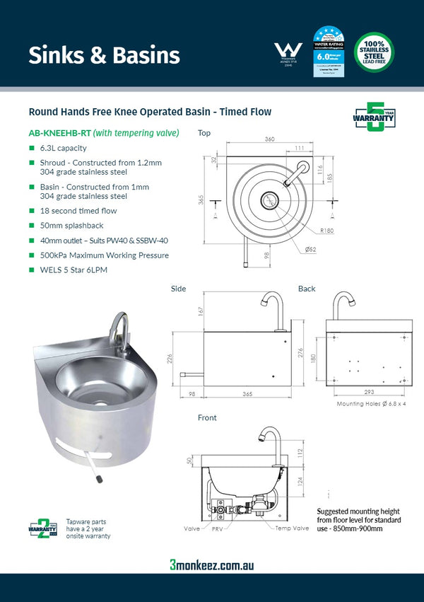 3Monkeez AB-KNEEHB-RT - Timed Flow Hands Free Knee Operated Stainless Steel Basin