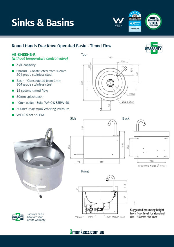 3Monkeez AB-KNEEHB-R - Round Hands Free Knee Operated Stainless Steel Basin
