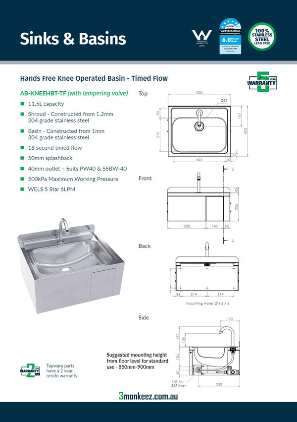 3Monkeez AB-KNEEHBT-TF - Hands Free Knee Operated Stainless Steel Time Flow Basin