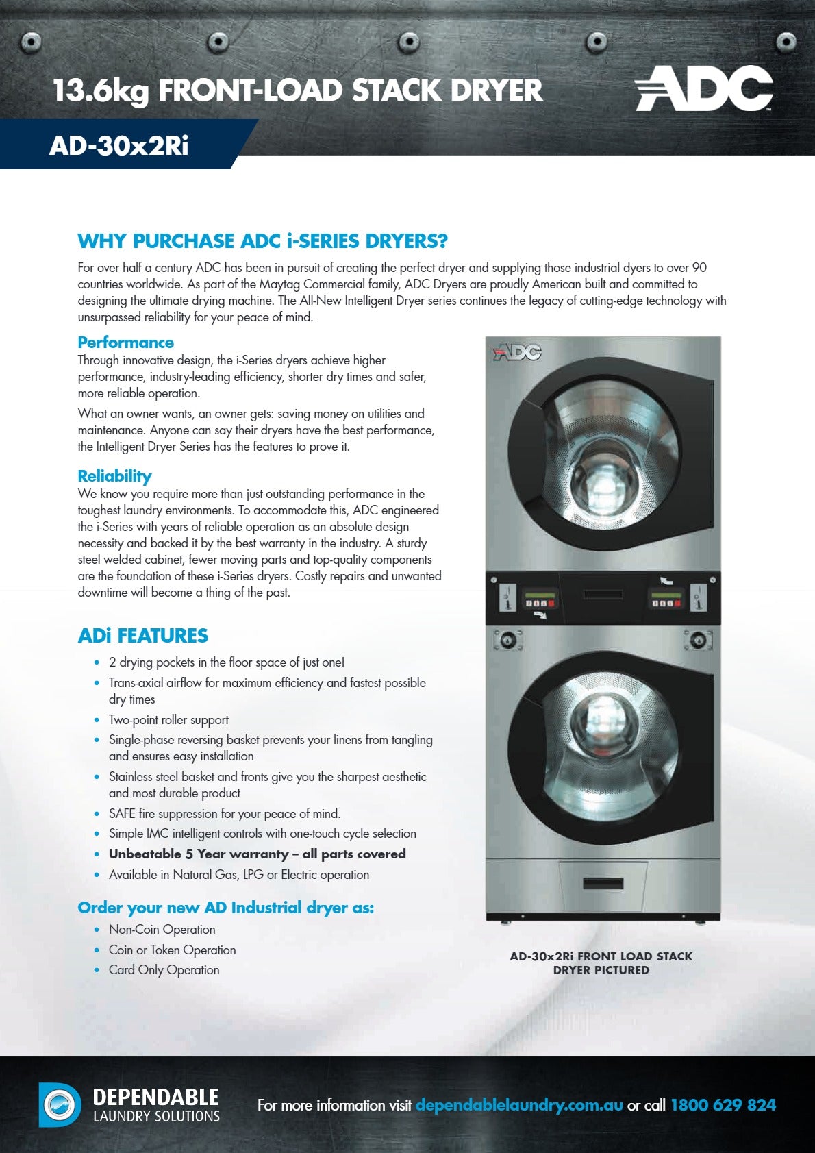 American Dryer Corp ADG30X2Ri-PD - Coin Operated Industrial Stack Drye ...