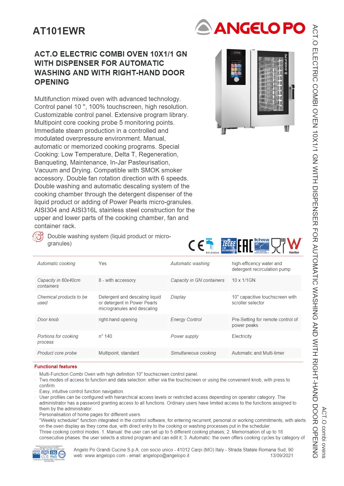 Angelo Po ACT.O AT101EWR - 10 Tray Combi Oven