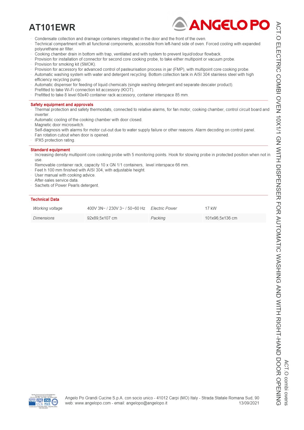 Angelo Po ACT.O AT101EWR - 10 Tray Combi Oven