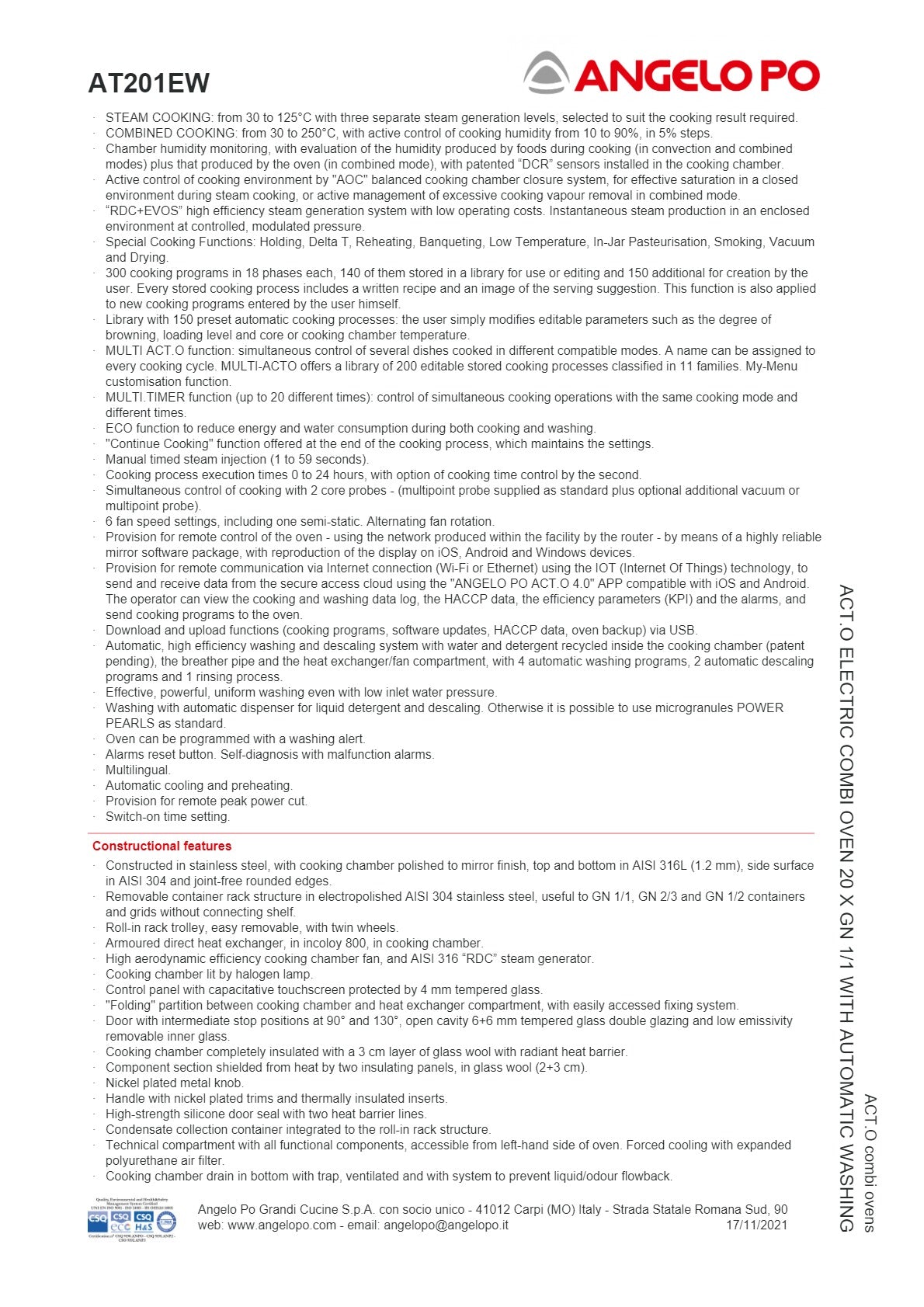 Angelo Po ACT.O AT201EW - 20 Tray Combi Oven