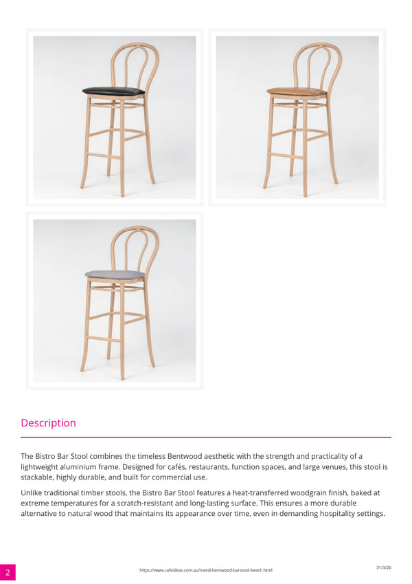 Aluminium Bentwood Stackable Bar Stool - Natural Beech