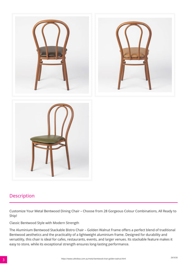 Aluminium Bentwood Stackable Bistro Chair - Golden Walnut Frame