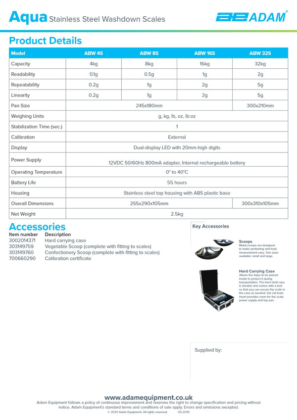 Adam Equipment Aqua ABW 32S - Stainless Steel Waterproof Scales