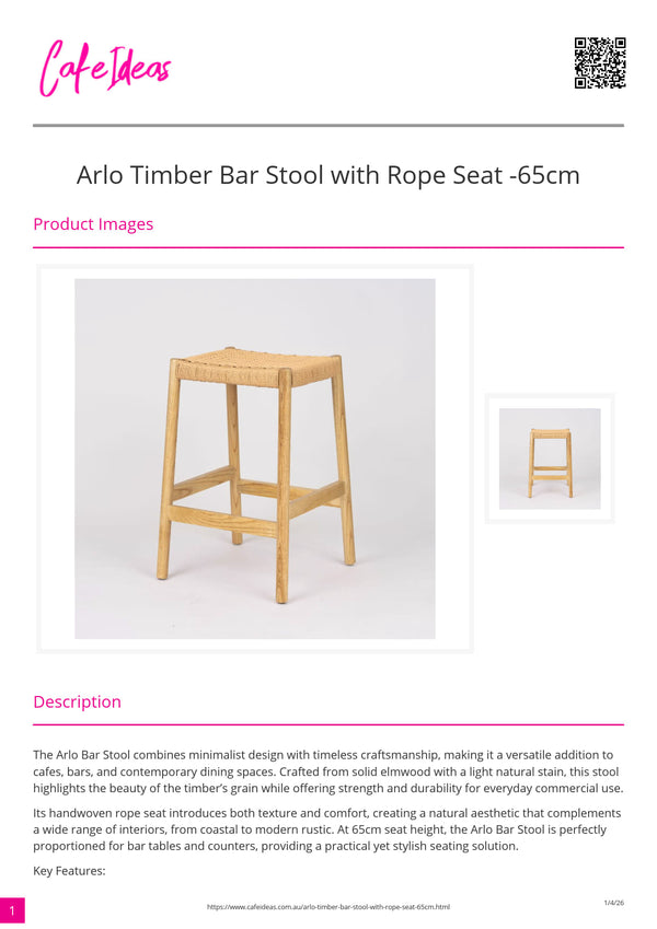 Arlo Timber Bar Stool with Rope Seat 65cm