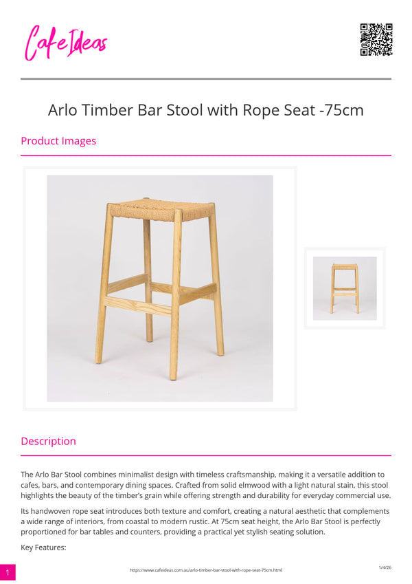 Arlo Timber Bar Stool with Rope Seat 75cm