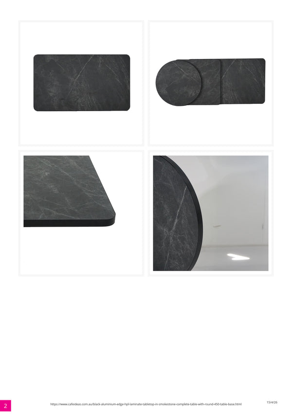Black Aluminium Edge HPL Laminate Tabletop in Smokestone Complete Table with Round 450 Moss Green Table Base