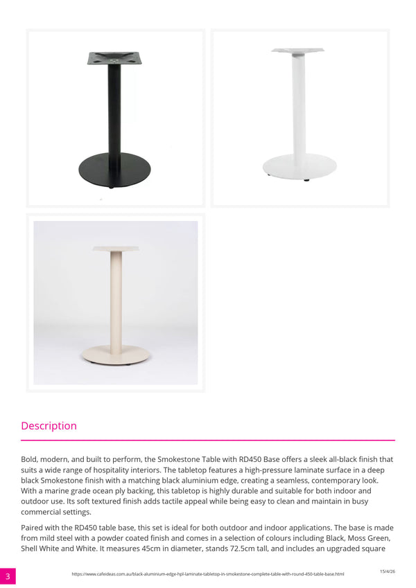 Black Aluminium Edge HPL Laminate Tabletop in Smokestone Complete Table with Round 450 White Table Base