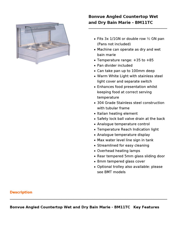 Bonvue BM11TC - Countertop Wet & Dry Bain Marie