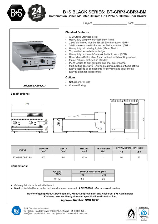 B+S Black BT-GRP3-CBR3BM - Combination Griddle & Char Grill