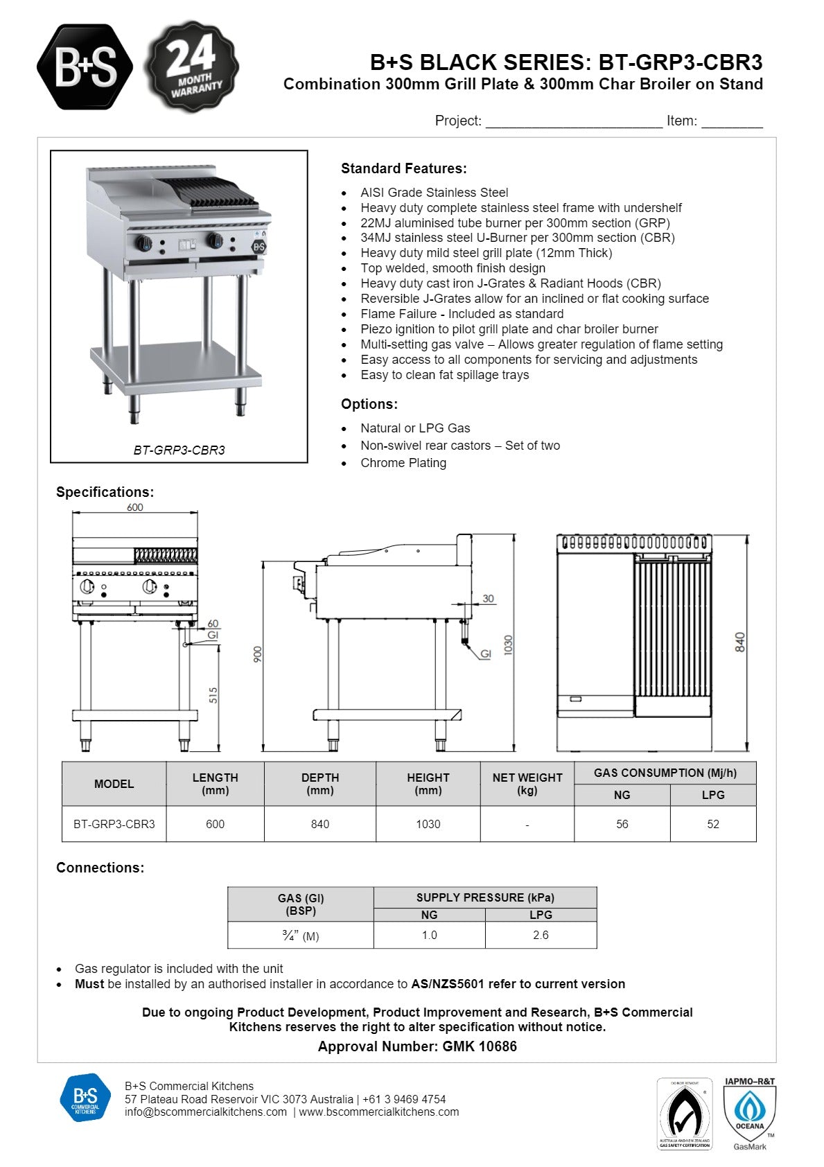 B+S Black BT-GRP3-CBR3 - Combination Griddle & Char Grill