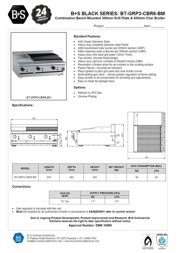 B+S Black BT-GRP3-CBR6BM - Combination Griddle & Char Grill