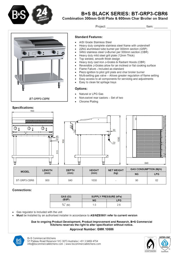 B+S Black BT-GRP3-CBR6 - Combination Griddle & Char Grill