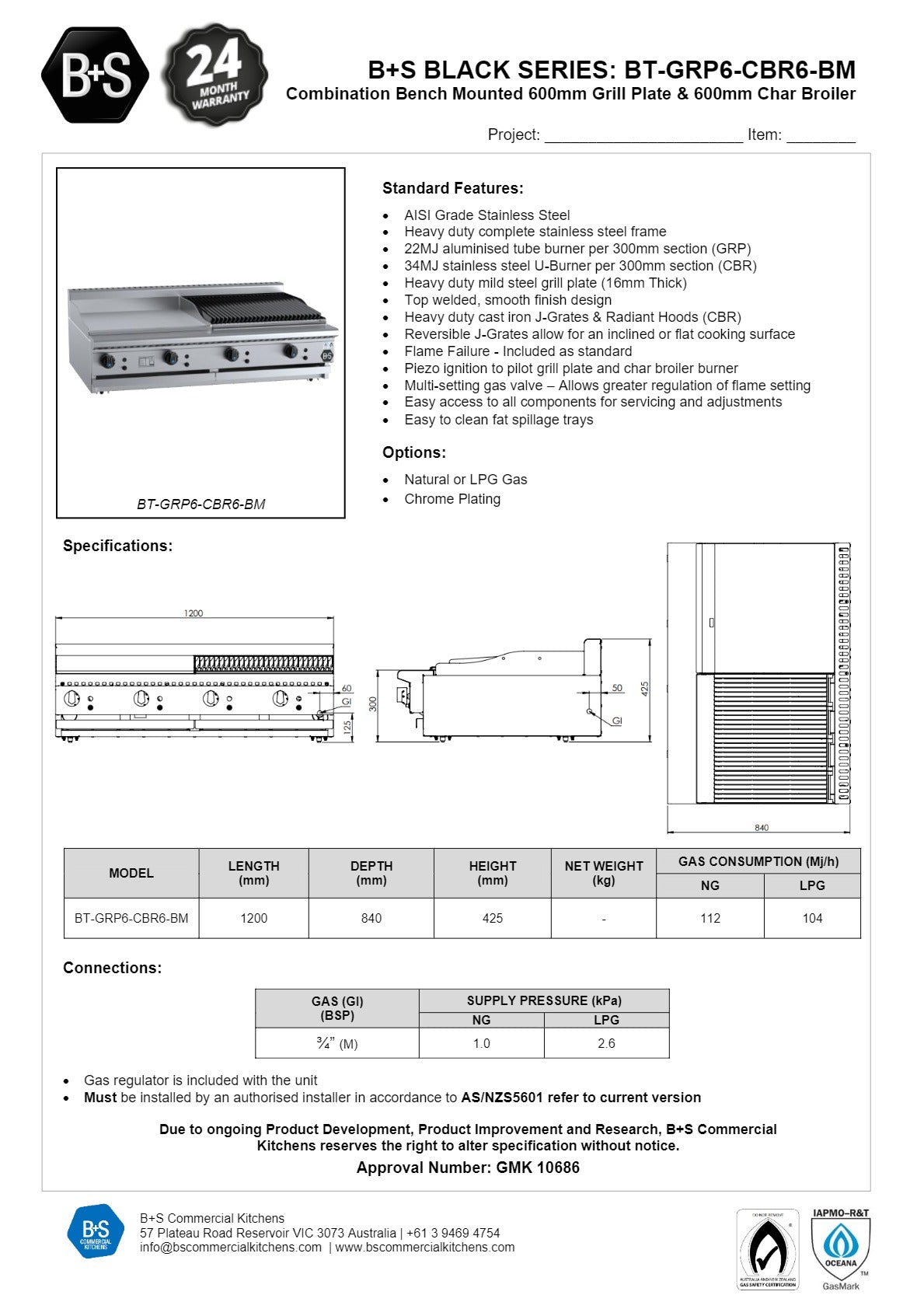 B+S Black BT-GRP6-CBR6BM - Combination Griddle & Char Grill