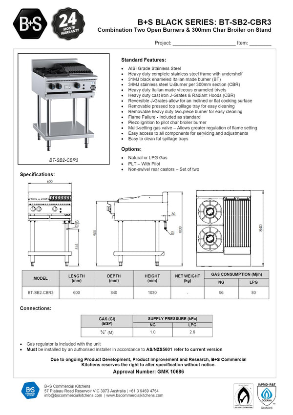 B+S Black BT-SB2-CBR3 - Combination Cook Top & Char Grill