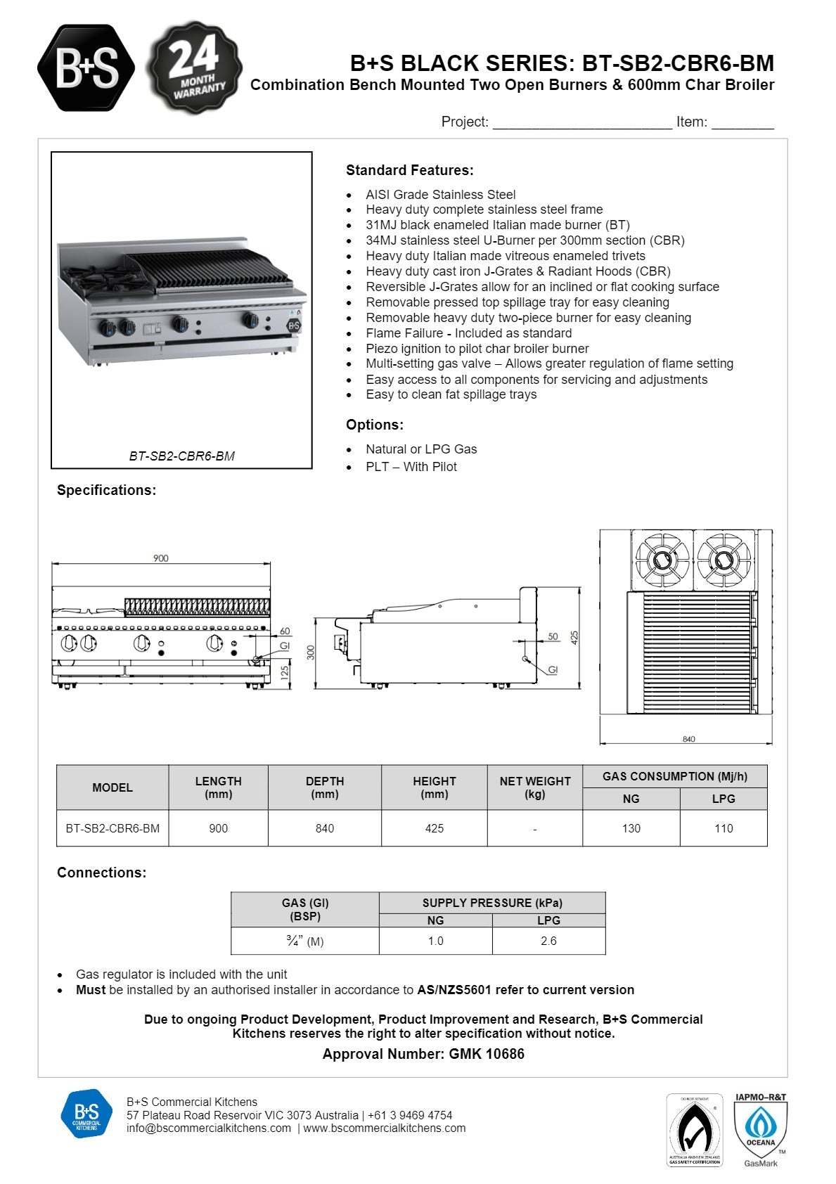 B+S Black BT-SB2-CBR6BM - Combination Cook Top & Char Grill