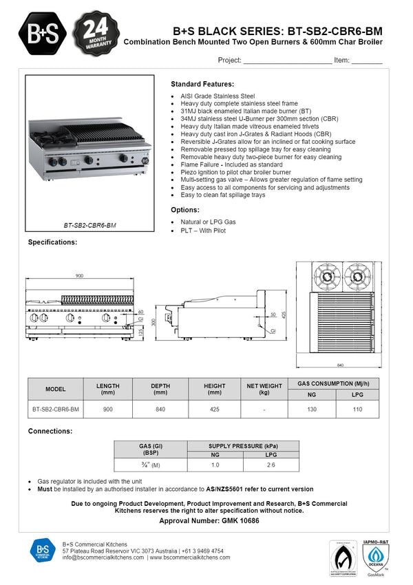B+S Black BT-SB2-CBR6BM - Combination Cook Top & Char Grill