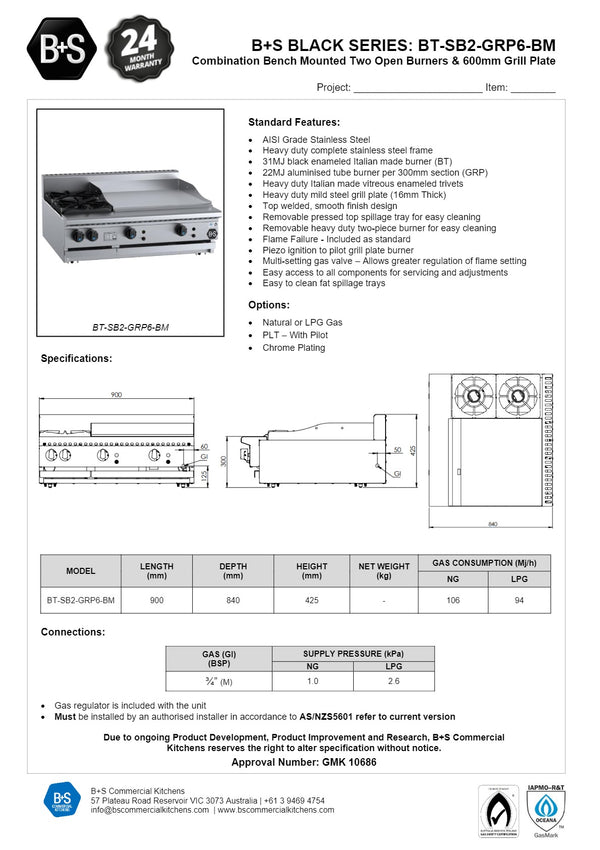 B+S Black BT-SB2-GRP6BM - Combination Cook Top & Grill Plate