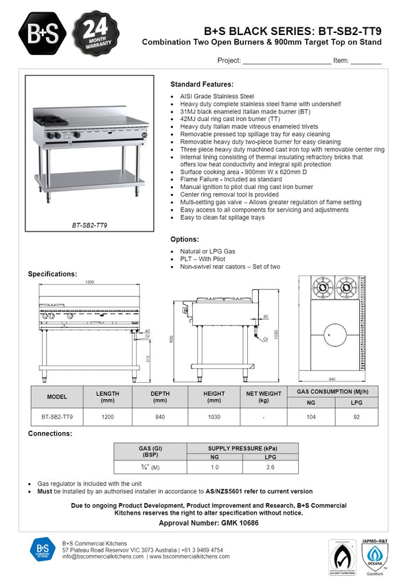 B+S Black BT-SB2-TT9 - Combination Target Top & Two Burners