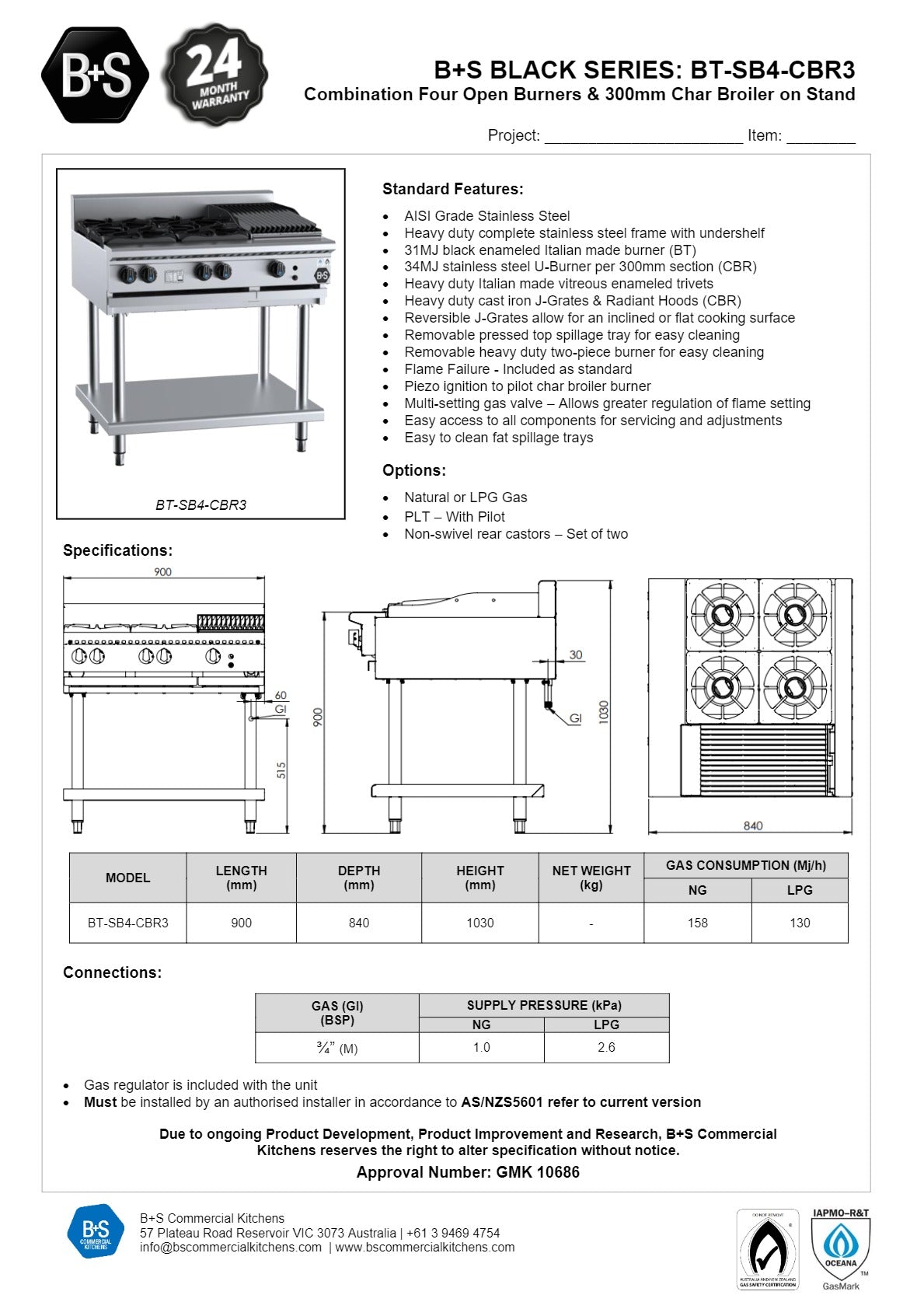 B+S Black BT-SB4-CBR3 - Combination Cook Top & Char Grill