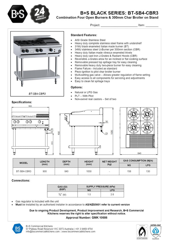 B+S Black BT-SB4-CBR3 - Combination Cook Top & Char Grill