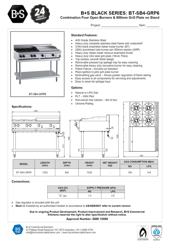 B+S Black BT-SB4-GRP6 - Combination Cook Top & Grill Plate