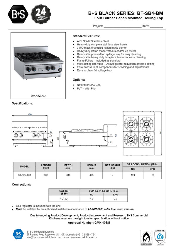 B+S Black BT-SB4BM - Bench Mounted Four Burner Boiling Top