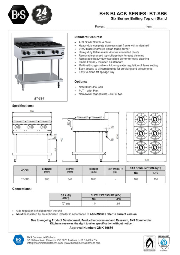 B+S Black BT-SB6 - Six Burner Boiling Top