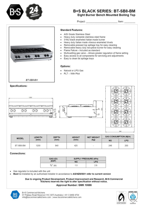B+S Black BT-SB8BM - Bench Mounted Eight Burner Boiling Top