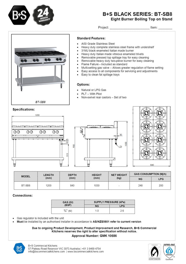 B+S Black BT-SB8 - Eight Burner Boiling Top