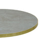Gold Aluminium Edge HPL Laminate Tabletop in Blue Mist Quartz Complete Table with Brass Square Steel Indoor Table Base