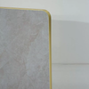 Gold Aluminium Edge HPL Laminate Tabletop in Blue Mist Quartz Complete Table with Brass Square Steel Indoor Table Base